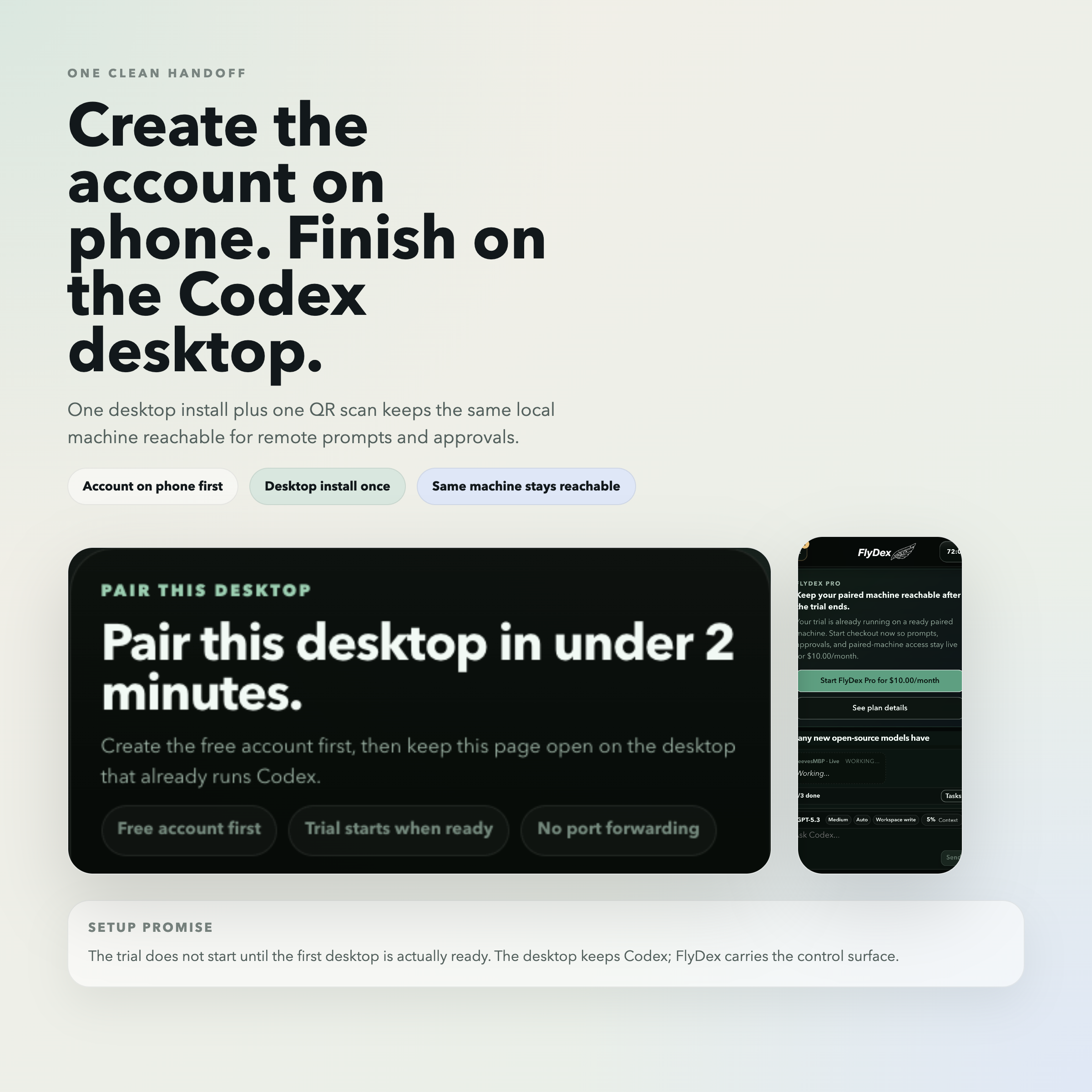 Sanitized FlyDex pairing flow showing the desktop QR handoff and phone connection step.