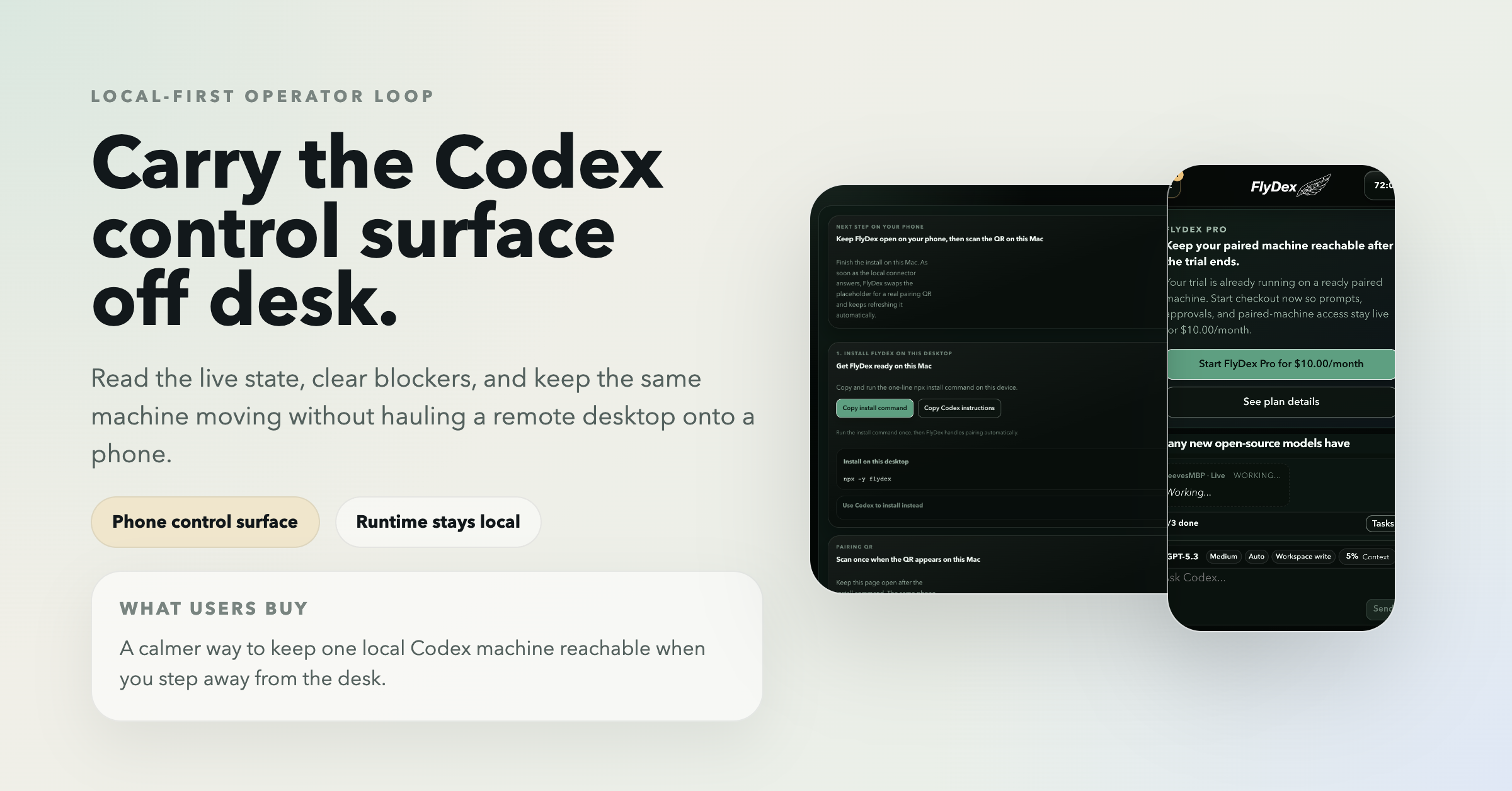 Sanitized FlyDex phone control surface used to read the run, clear blockers, and keep the session moving.