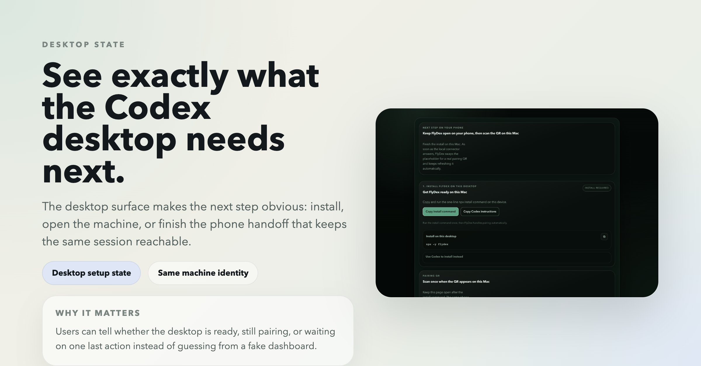 Sanitized FlyDex desktop setup surface showing what the Codex machine needs next.